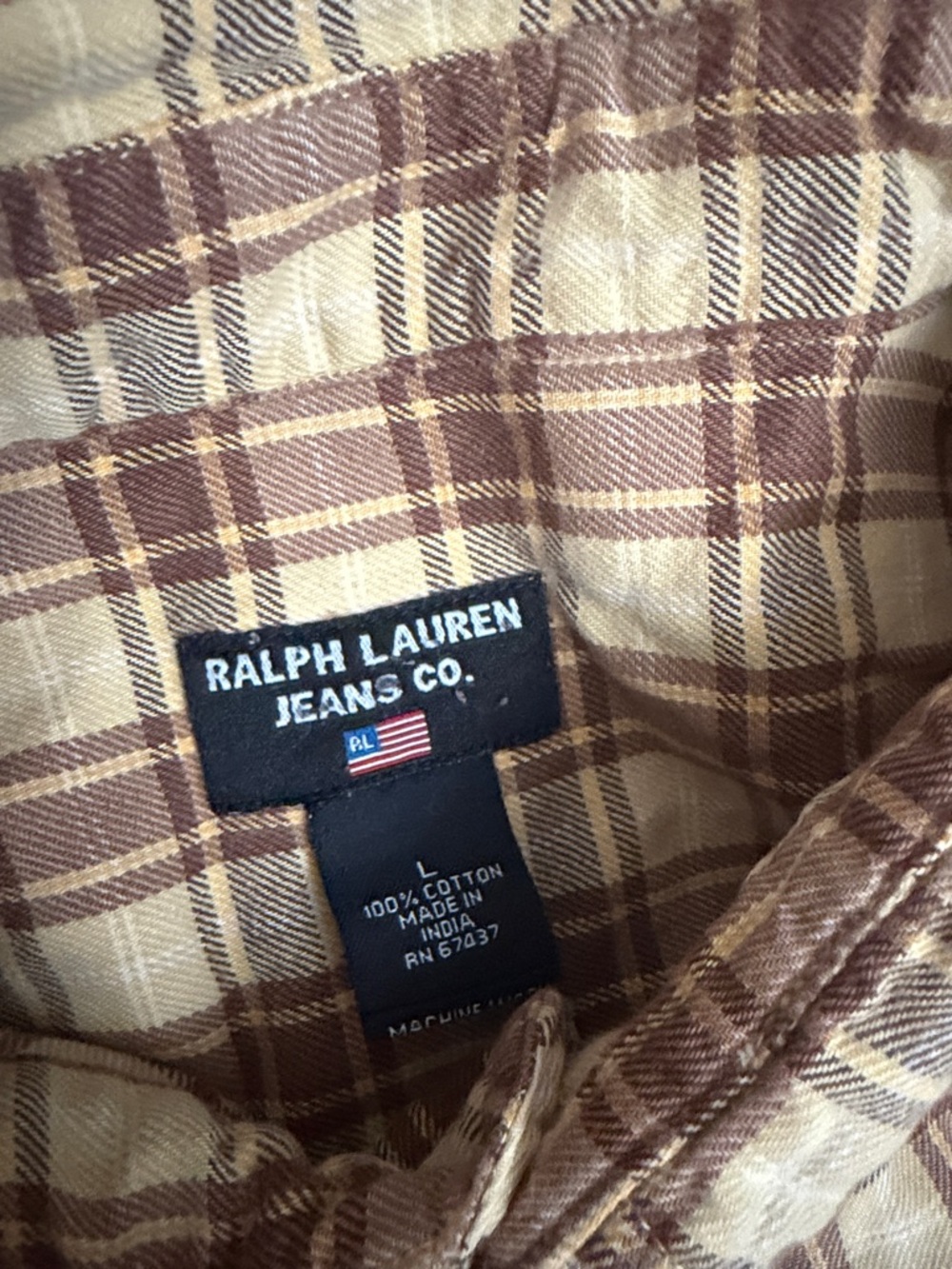 VTG Ralph Lauren XL Jean Company Black Label Beige and Brown Plaid Button-Down - Picture 3 of 9